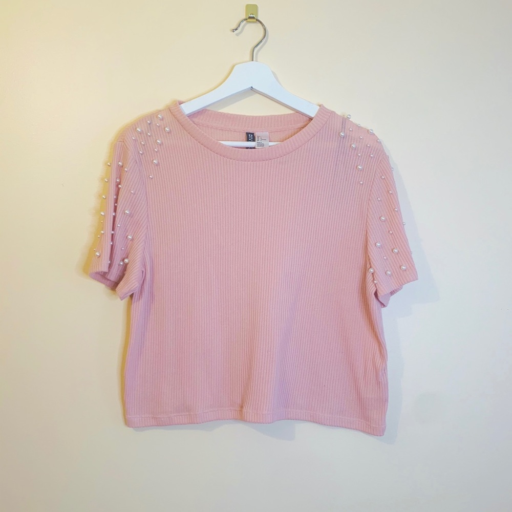 H&M satellite pink pearl top